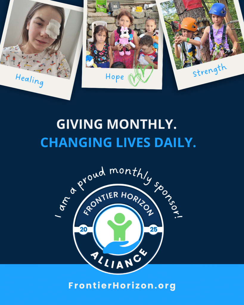 A Frontier Horizon graphic that reads “Proud Monthly Sponsor,” featuring the organization’s branding and a call to help children through consistent monthly support.